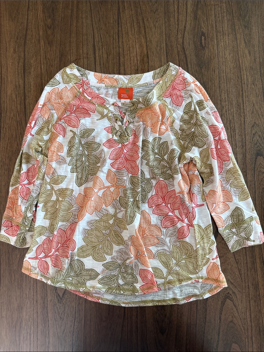 hearts of palm Scoop Neck Leaf-Print Tunic in White with Pink, Orange, and Green
